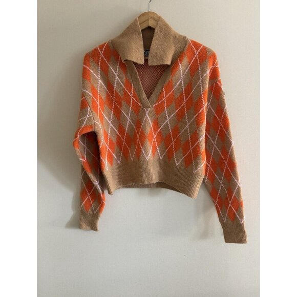Zara Orange and Tan Argyle Sweater - Picture 2 of 10